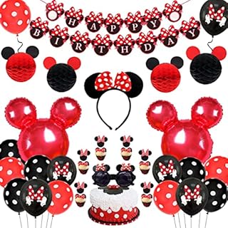 Cartoon Mouse Birthday Party Decorations, Red Black Happy Birthday Banner Headband Honeycomb Balls Glasses for Girls 1st 2nd 3rd Birthday