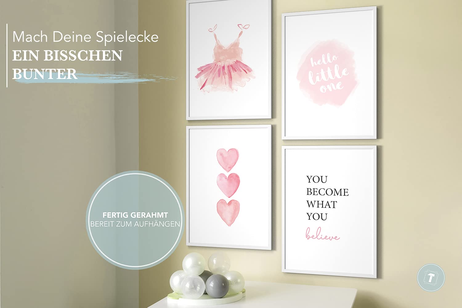 Cuadros para niños, Set de 4, A3 enmarcado en marco de madera (blanco), Regalo para niñas, Láminas decorativas para el cuarto infantil, Corazónes rosa Vestido hola pequeño, Baby Girl Dress
