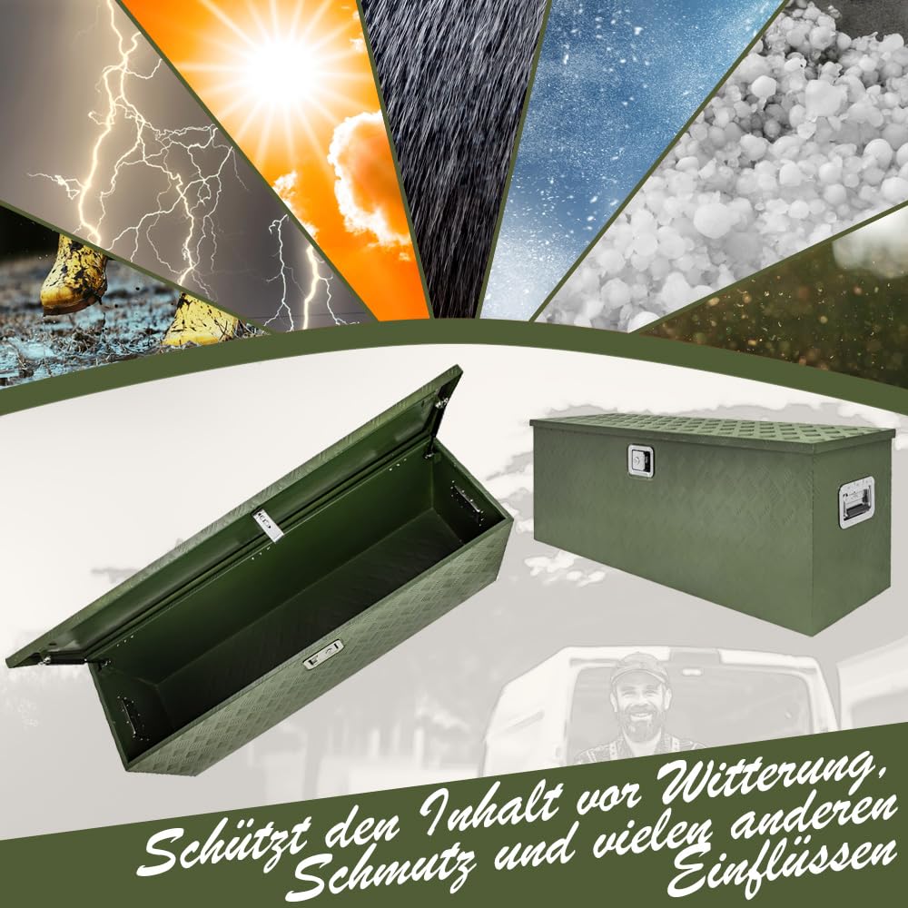 Trucky Deichselbox Grün Werkzeugkasten Truckbox Alu Box Anhänger Kiste mit Deckel Abschließbar Alubox Transportbox Werkzeugbox Aluminium Aufbewahrungsbox D210