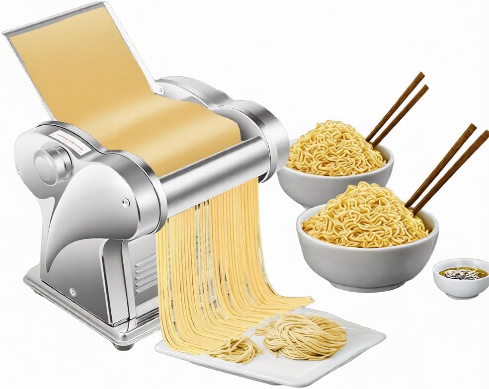 Electric Dual Cutters Noodle Maker, 8 Gears Automatic Pasta Machine, 135W Dough Roller Cutter, Stainless Steel Flat Noodle Maker, Dumpling Wrapper Press for Home Noodle Shop Breakfast