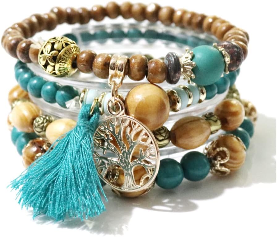 Boho Multi-Layer Wooden Beaded Bracelet Set, Tassel Tourism Souvenir Tree of Life Elastic Bracelet for Ladies (Peacock Blue Four-Piece Set)