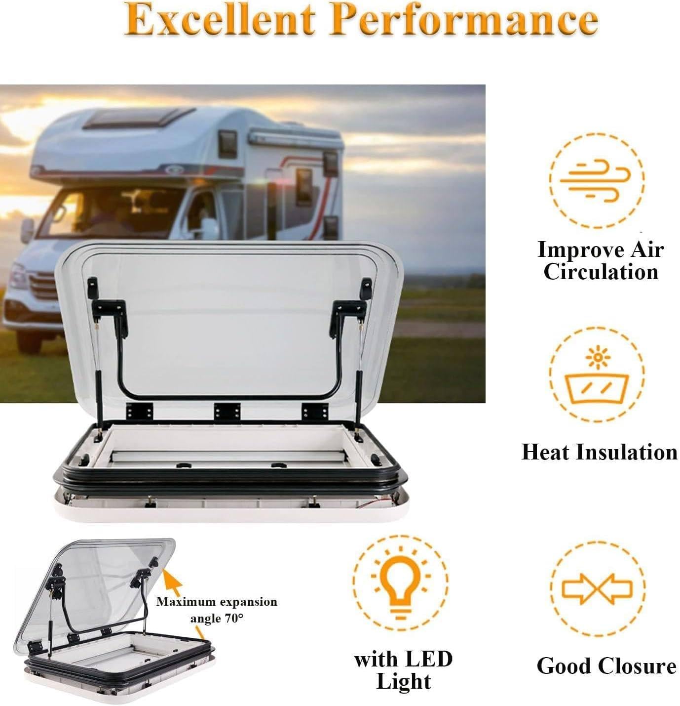Oblò di Ventilazione per Tetto di Camper, 50/70/80 x 50 cm, Compatibile con oblò per finestre del Tetto di Camper e roulotte con Luce LED, oblò in Lega di Alluminio. 50 * 50cm
