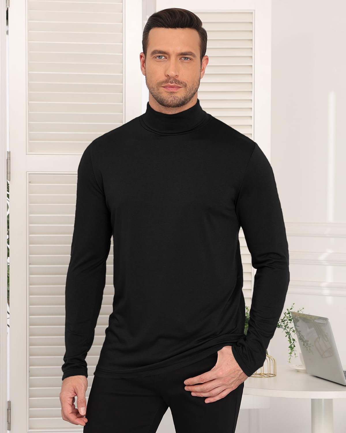Uusollecy Pull Col Roulé Homme Coupe Ajustée Élastique Léger Basique sous-Pull Manches Longues