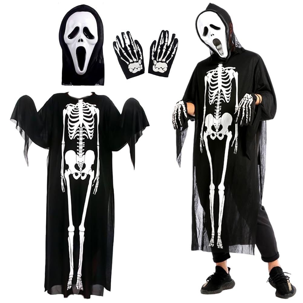 MIFKLMV Halloween Horror Costumes, Adults Kids' Skeleton Costumes, with Spooky Scream Masks, Bone Gloves & Jumpsuits