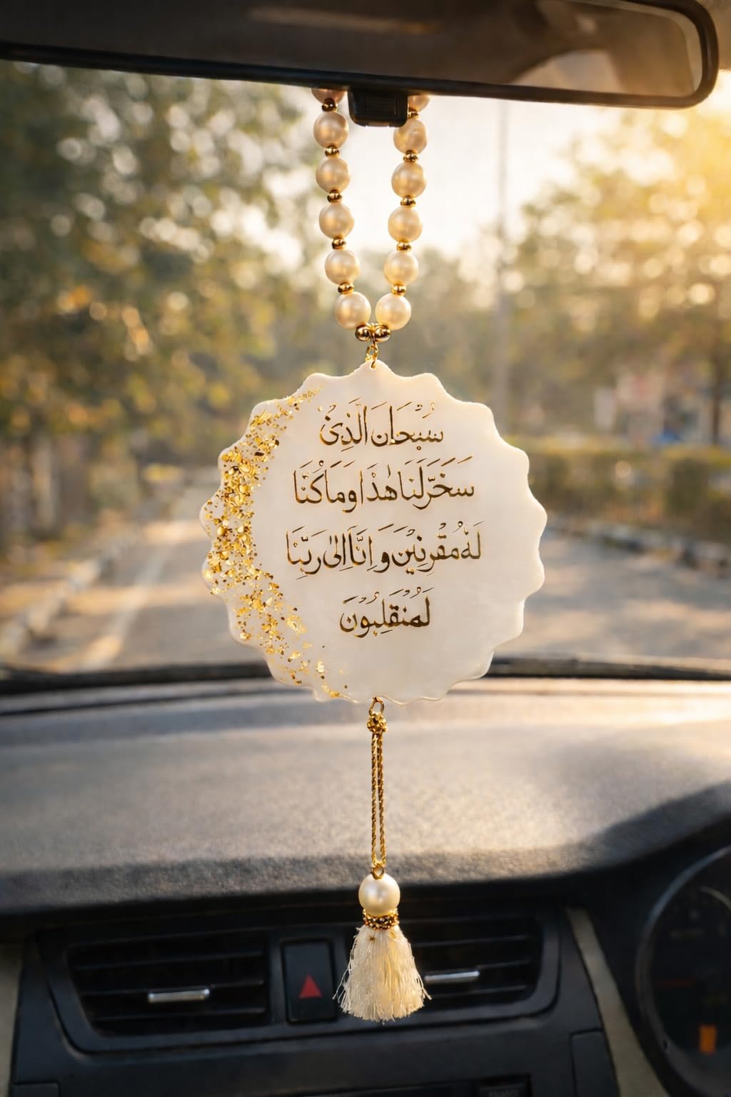 Handmade Islamic Car Hanging Featuring Safar Ki Dua & First Kalma (Kalma Tayyaba), Dual-Side Resin Pendant with Pearl Beads and Tassel in White Finish-image-10