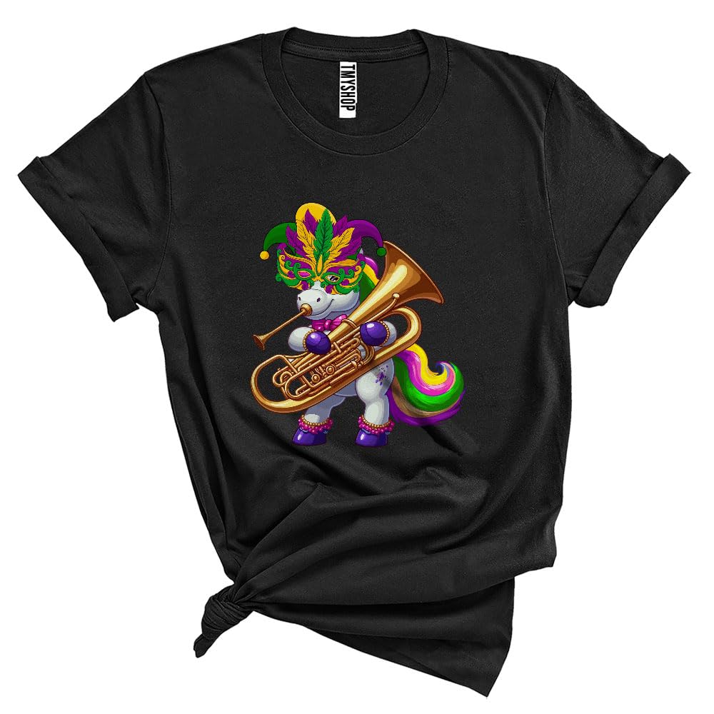 Cute Unicorn Playing Bassoon, Adorable Mardi Gras Masked Unicorn Lover, Bassoon Team Player Unisex T-Shirt Black