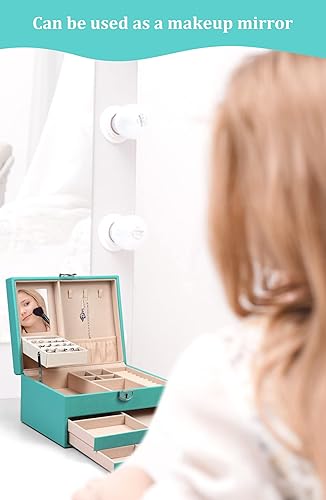 Miniatura 6 de Joyero para niñas de 8 a 12 años joyero y organizador verde con espejo caja organizadora de joyas grande de 3 capas con cerradura caja de joyería de