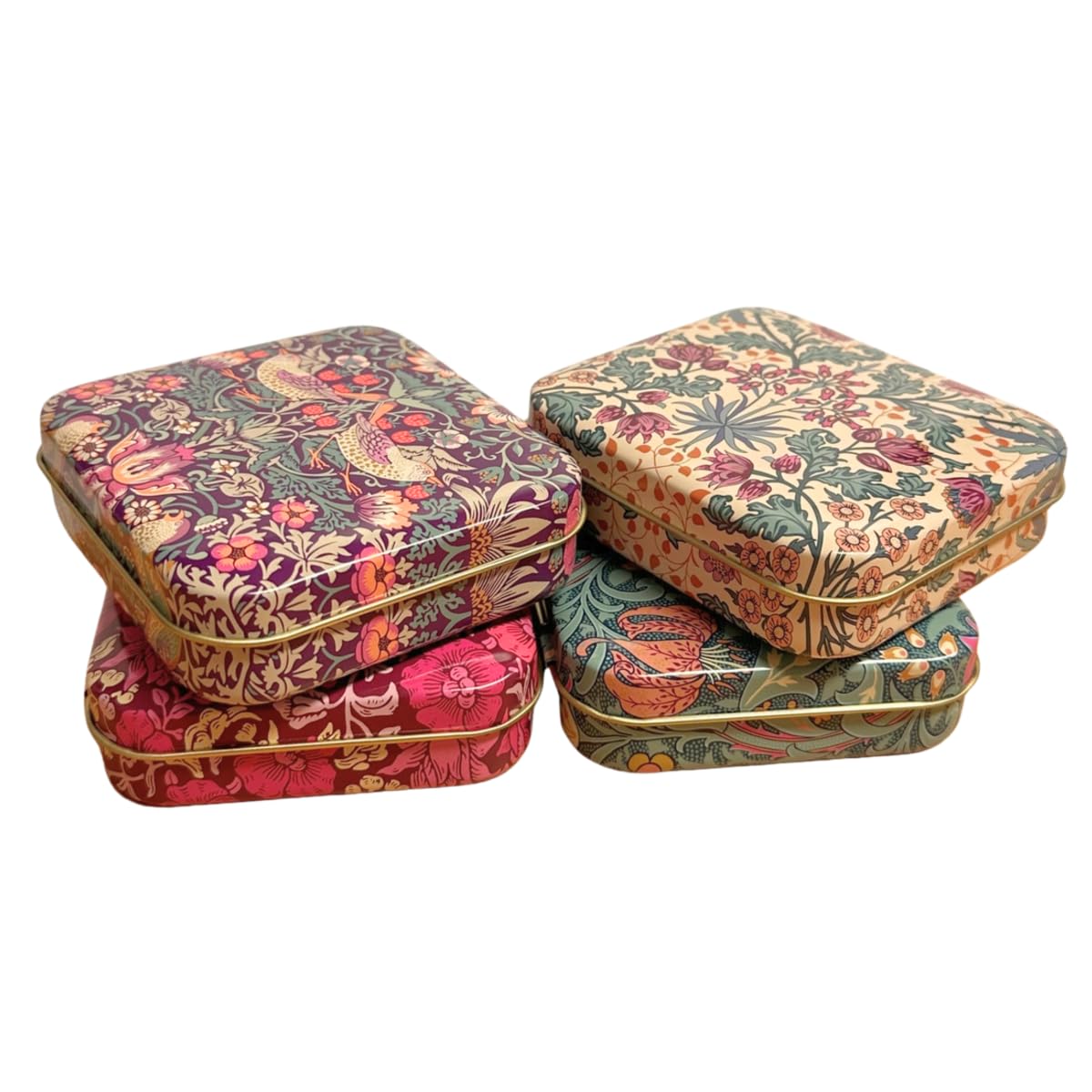 Set of 4 William Morris Floral Storage Tins with Lids – Decorative Metal Storage Boxes – Vintage Botanical Design – Crafts & Gift Storage