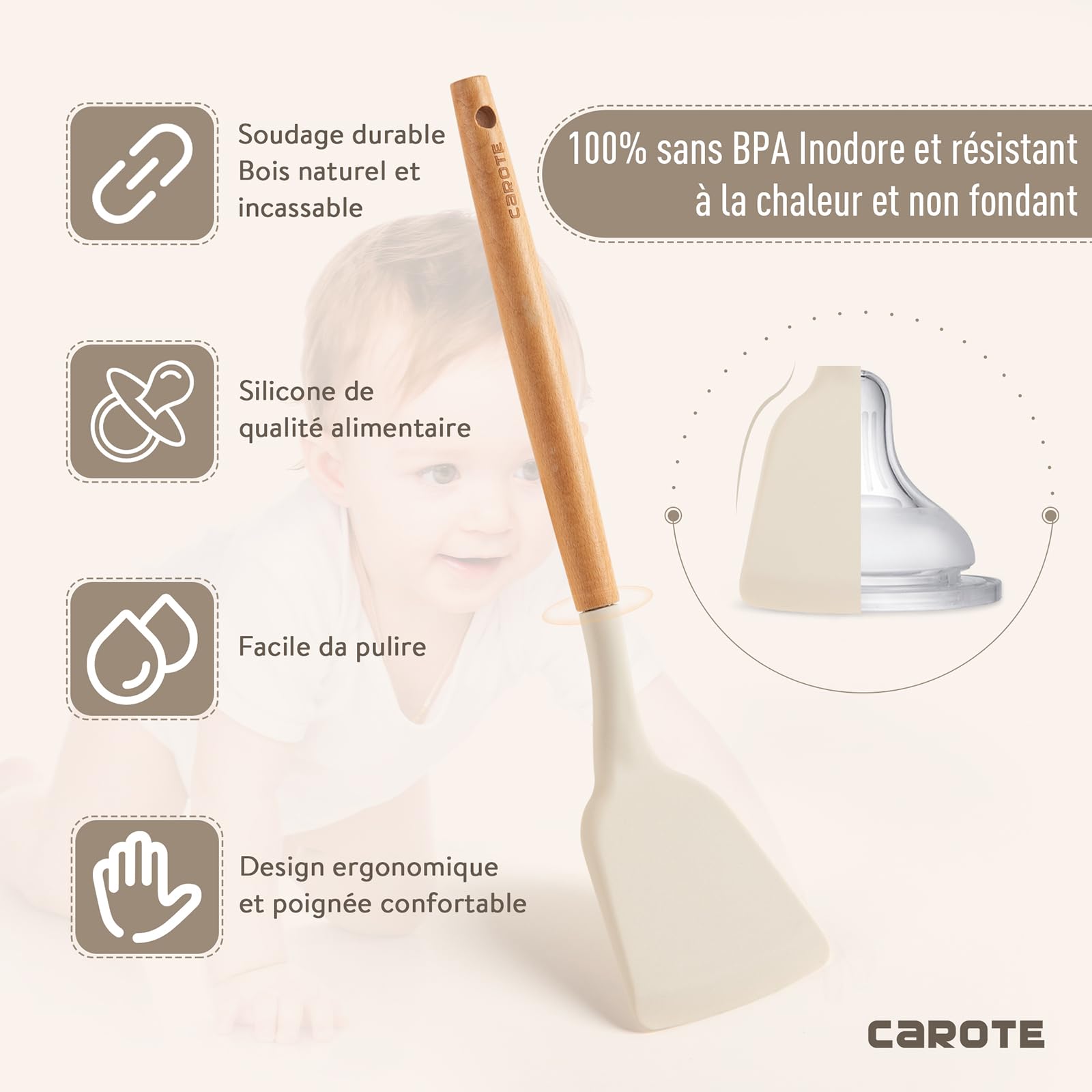 CAROTE Set de 16 Ustensiles de Cuisine Silicone Résistant à la Chaleur, Antiadhésive Anti-Rayures Cuisine Accessoires, Poignée anti-casse, Sans BPA, pour Toute la Famille