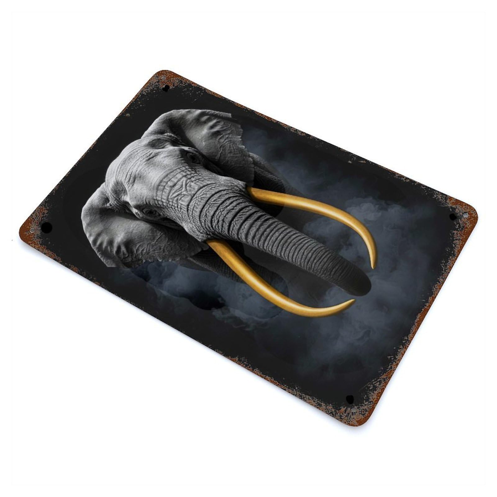 Vintage Rust Metal Sign with Elephant with Golden Tusks on Black Design 11.8"x7.9", for Shed, Workshop And Garage Wall Decor, Retro Wall Decor