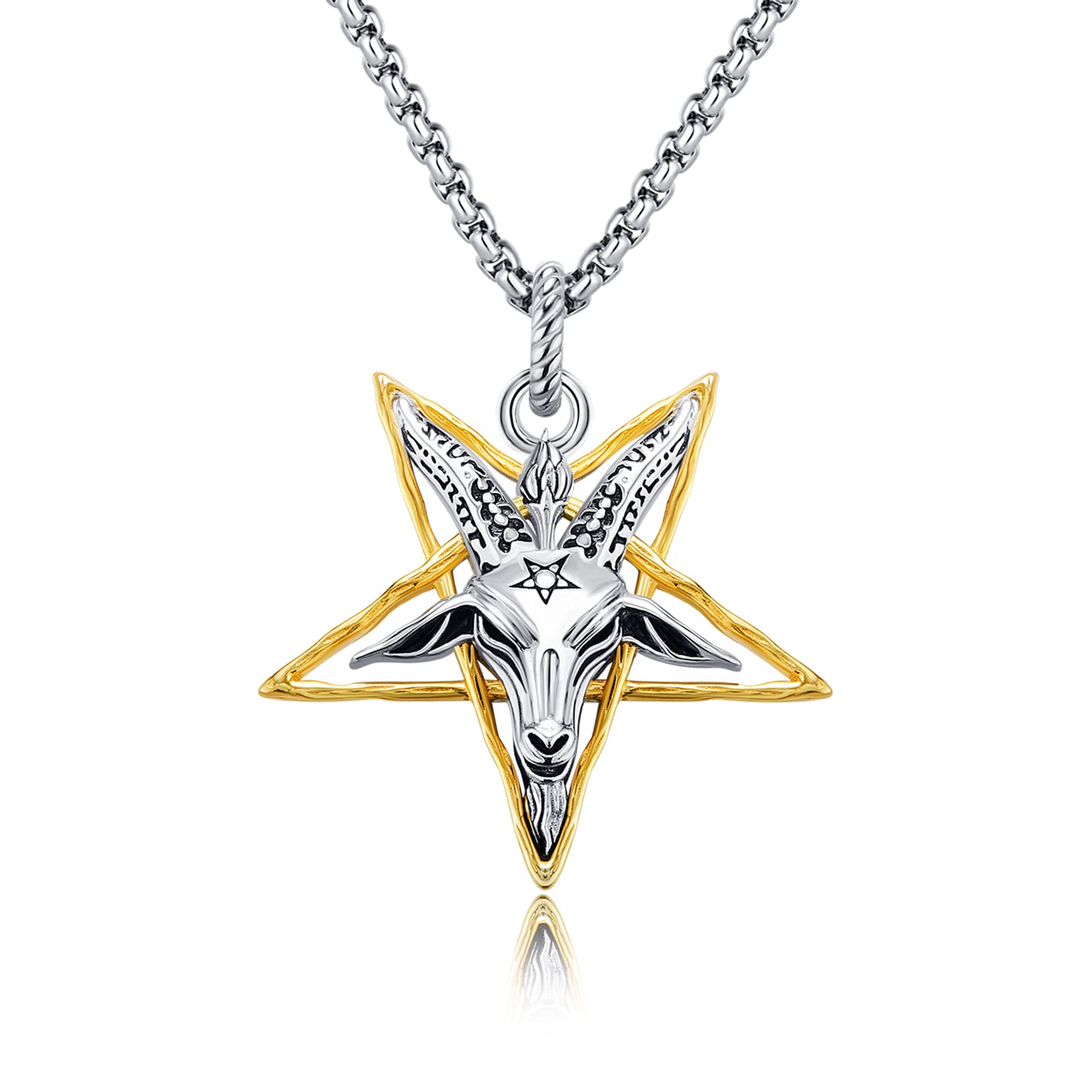 SOESON Sigil of Baphomet Pendant Inverted Pentagram Necklace 925 Sterling Silver Satanic Baphomet Goat Cow Skull Necklace for Men Gift Birthday