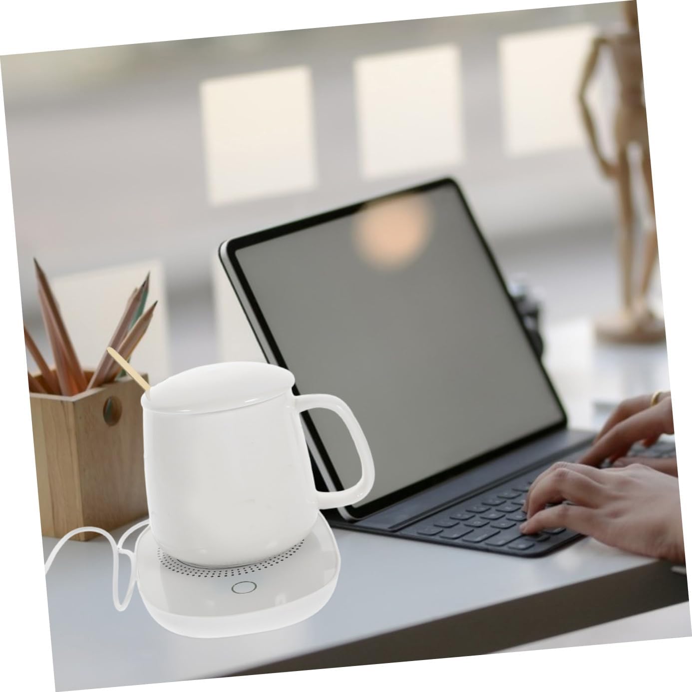 SUPVOX Ceramic Cup Warmer with 55℃ Thermostat, USB Electric Beverage Heating Pad for Milk and Coffee, Milk Warmer for Home and Office Use, Beige USB Gravity Sensor Design