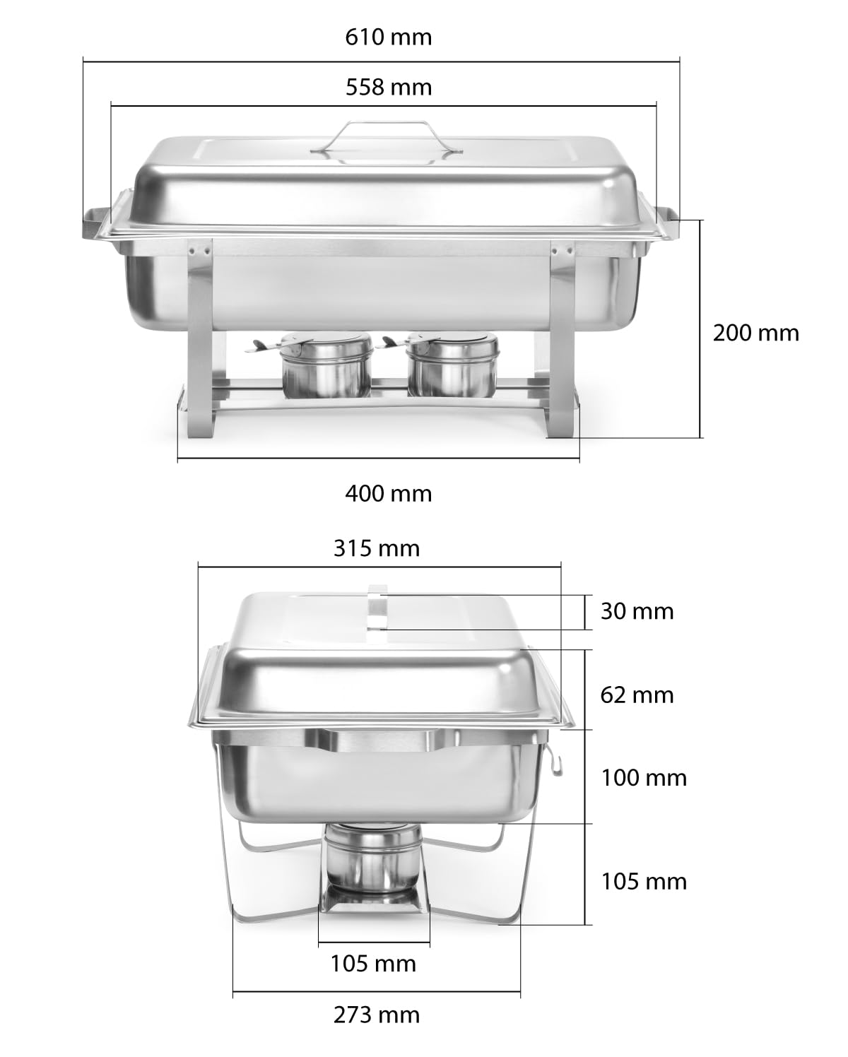 HENDI Chafing Dish Set, 4 Stück, mit 4X GN1/1 Behältern, 8X Brennpastenbehältern, integriertem Deckelhalter, Warmhaltebehälter, Buffetwärmer, Speisewärmer, 8,5L, 610x355x(H) 297mm, Edelstahl