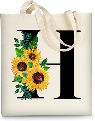 AUSVKAI Bolsa Tote de Lona Estética para Mujeres, Lindo Girasol Trendy Personalizado Inicial Monograma Cumpleaños Bolsas de Algodón Reutilizables