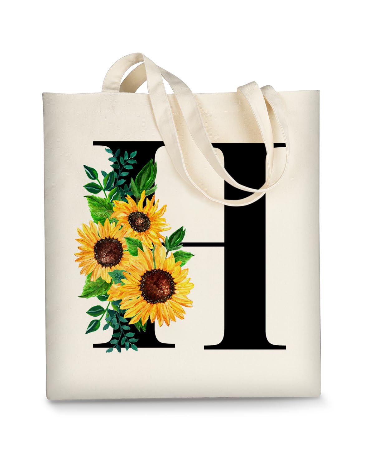 AUSVKAI Canvas Tote Bag Aesthetic for Women, Cute Sunflower Trendy Personalized Initial Monogram Birthday Reusable Cotton Bags for Grocery Shopping