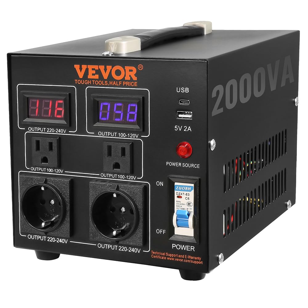 VEVOR Transformador Convertidor de Voltaje Sube/​Baja 220-​110V/​110-​220V Convertidor 2000 W CE con 2 Enchufes NEMA 5-​15R de 3 Pines EE.​UU., 2 Enchufes Shucko Europeos, 1 Conector USB, 1 Conector Tipo-​C