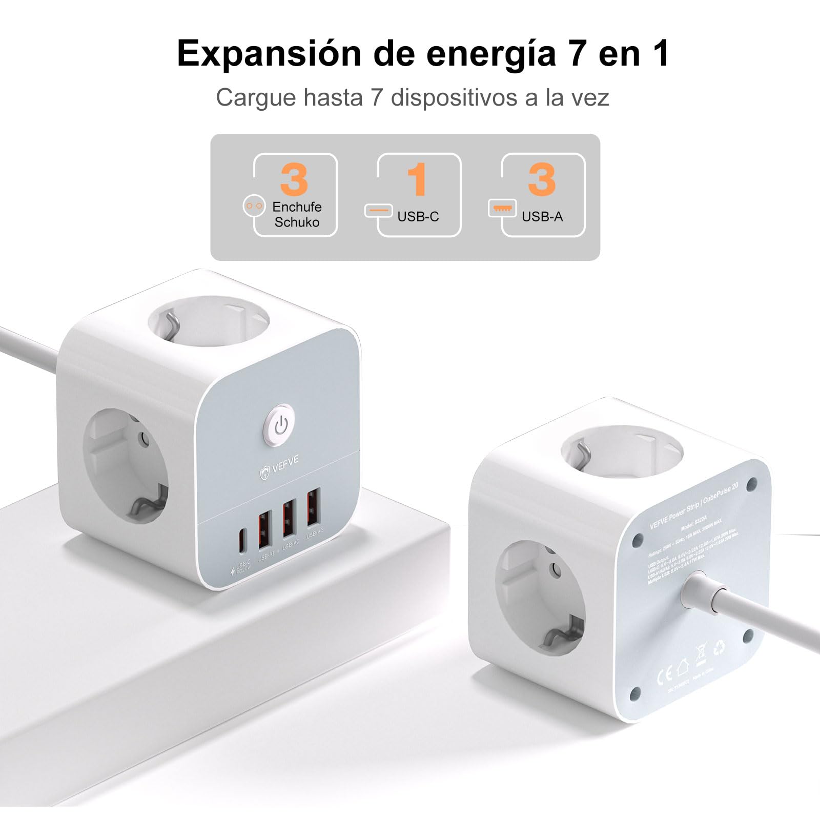 VEFVE Ciabatta con cavo, 7 in 1 cubo, presa multipla con USB C 20 W, 3 prese, 1 USB-C e 3 USB-A, 3680 W con interruttore, cavo di prolunga da 5 m