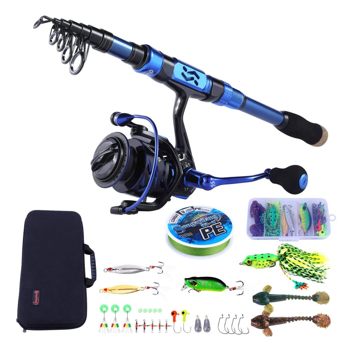 Sougayilang Fishing Rod and Reel Set Carbon Fiber Telescopic Fishing Rod 12+1BB Spinning Reel with Carry Case for Saltwater Freshwater