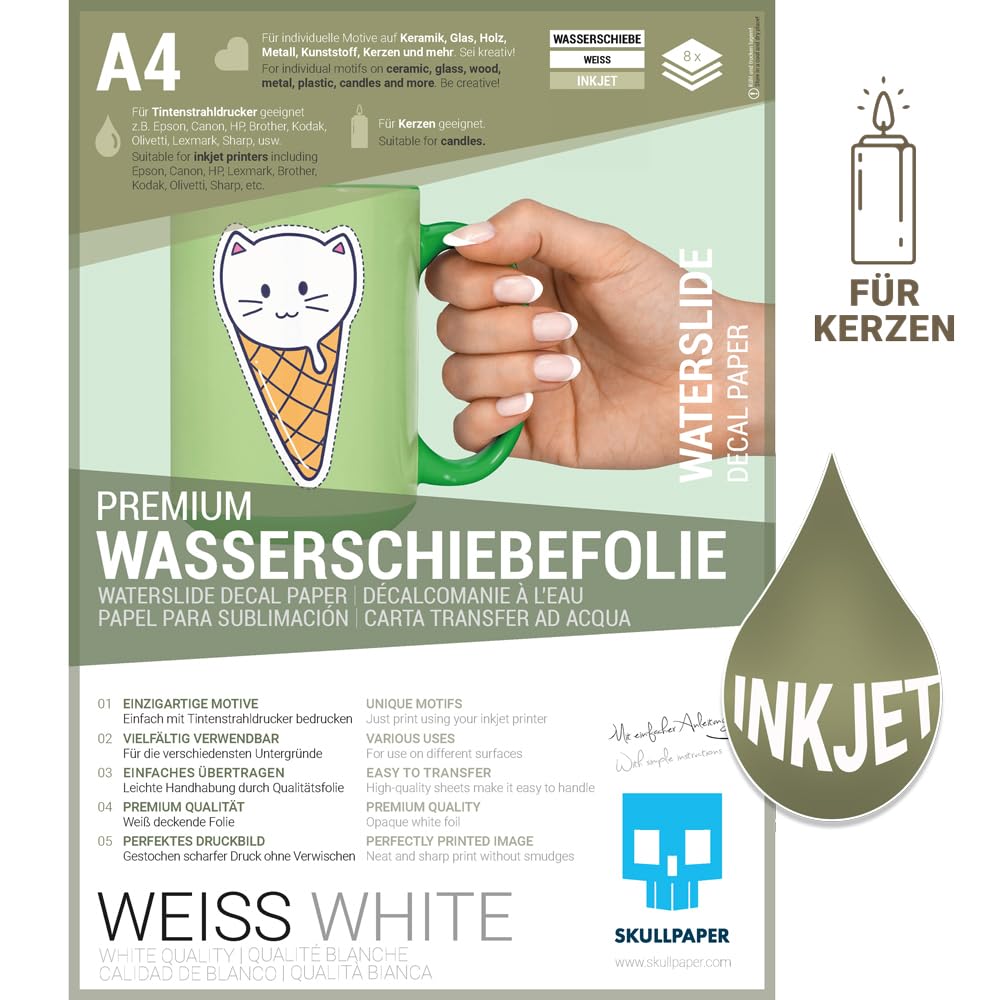 SKULLPAPER® Wasserschiebefolie WEISS für Tintenstrahldrucker - hauchdünn DIY Decal Abziehbild - Nassschiebefolie für Keramik, Glas, Kerzen, Metall, Kunststoff, Modellbau (A4-8 Blatt)