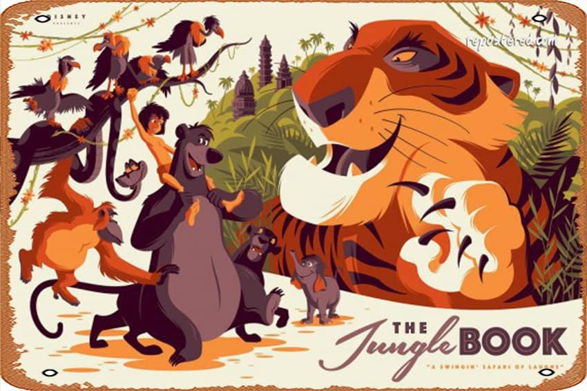 Cartel de hojalata vintage con libro de selva divertido clásico musical para bar, pub, cafetería, pared, cocina, baño, póster de karaoke, decoración
