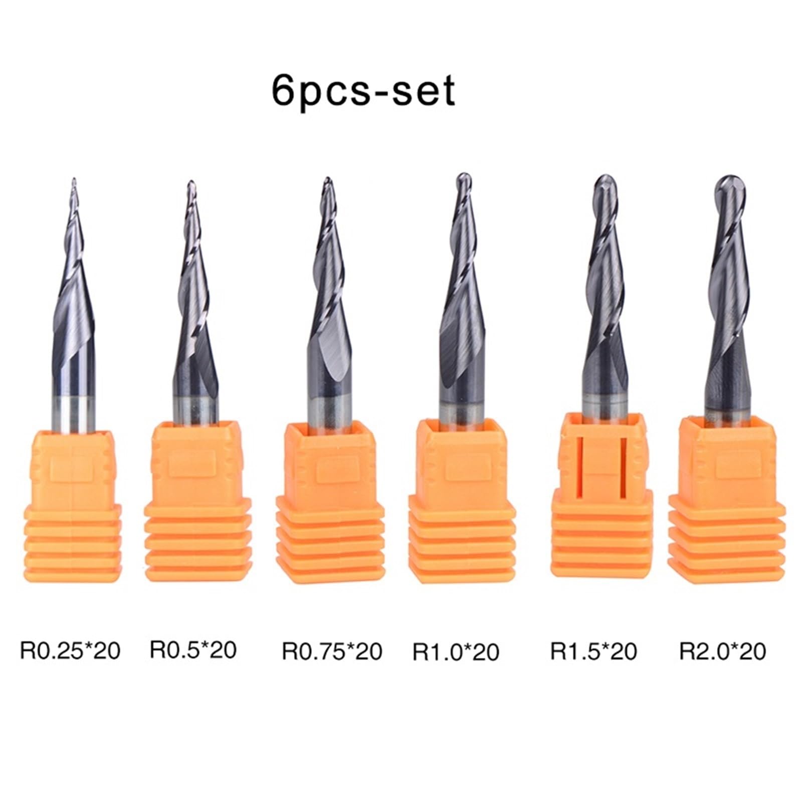 Fresa de extremo carburo sólido punta esférica corte cónico P2BC 20 mm para grabado en madera y metal(6PCS-SET)