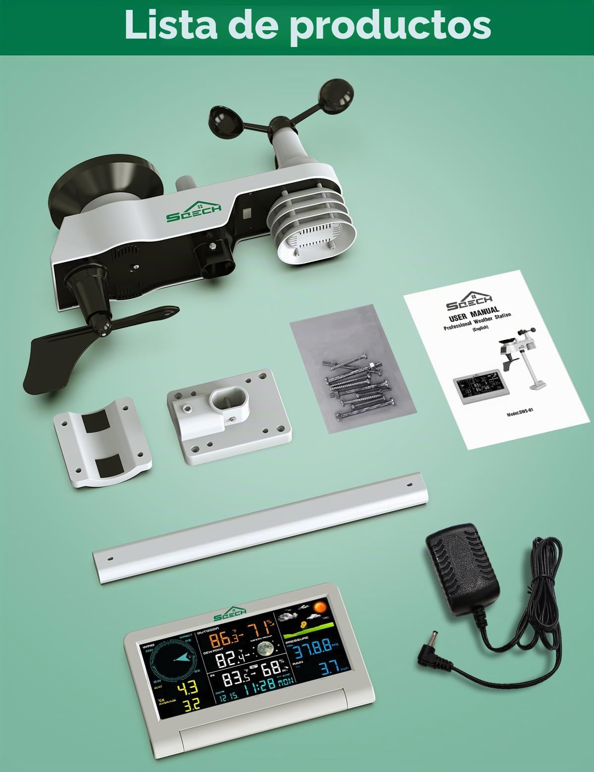 SQECH Estacion Meteorologica Interior Exterior con Sensor Exterior 7 en 1 | Estación Meteorológica para Casa con Pronóstico del Tiempo,Temperatura y Humedad,Pluviómetro,Viento,Fas