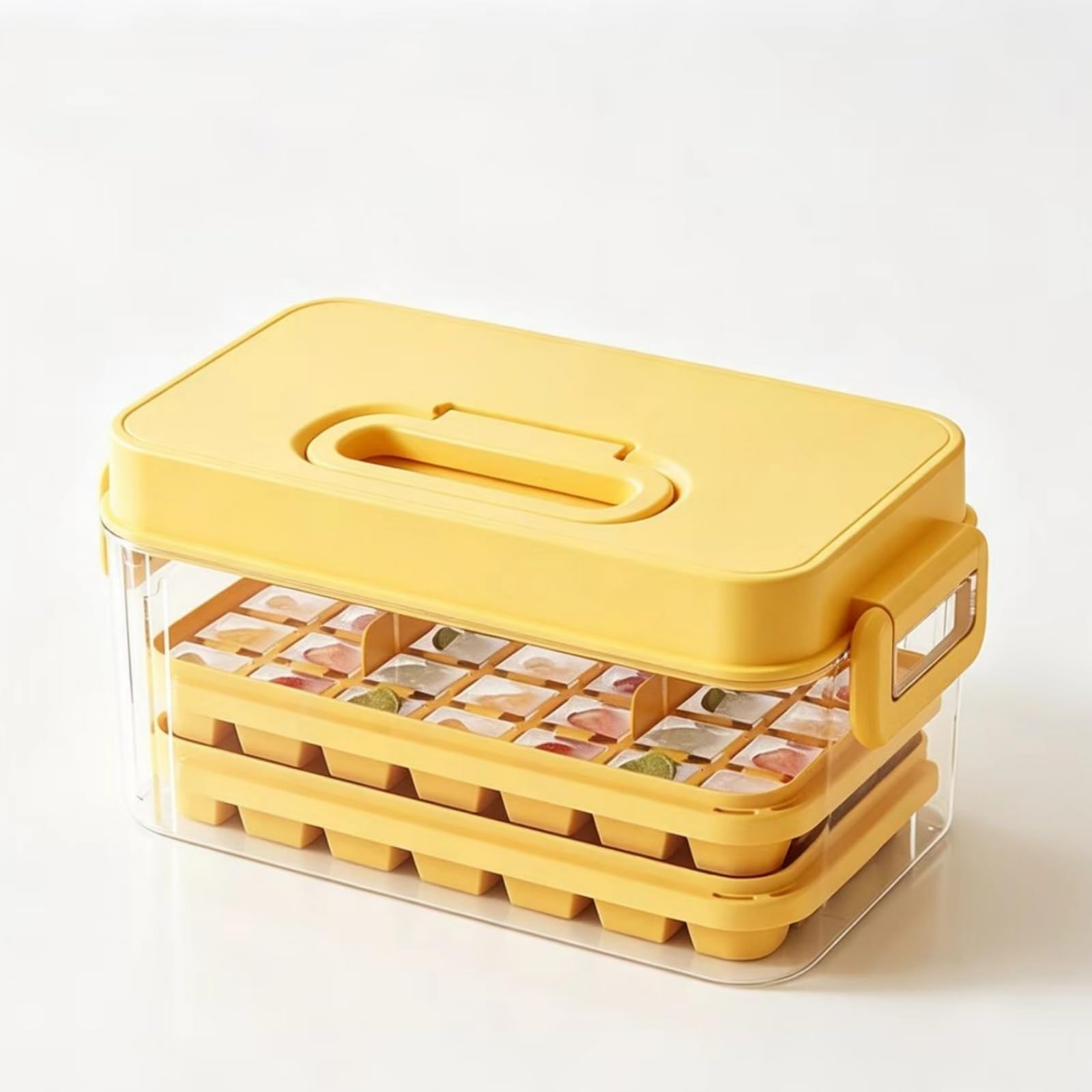 ice Tray Mold Tray with Lid and Bin (Yellow, Two-Compartment Ice Tray)