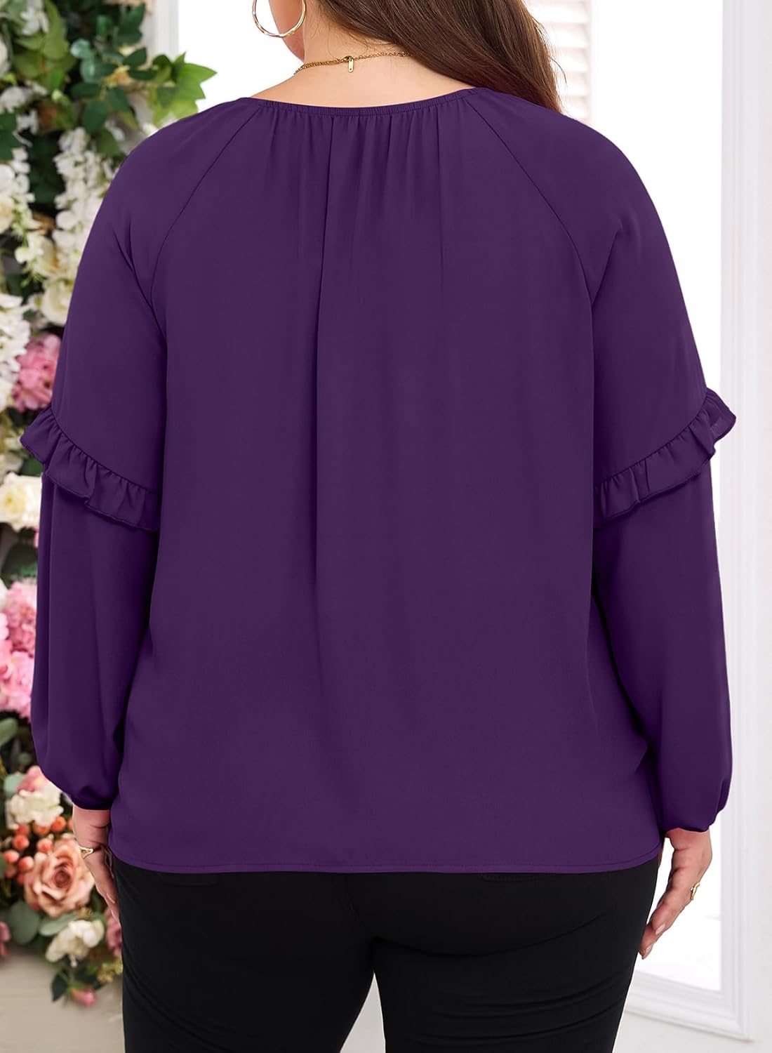 Eytino Womens Plus Size Tops Long Sleeve Crewneck Dressy Casual Chiffon Blouse Flowy Shirts(1X-5X) - Image 2