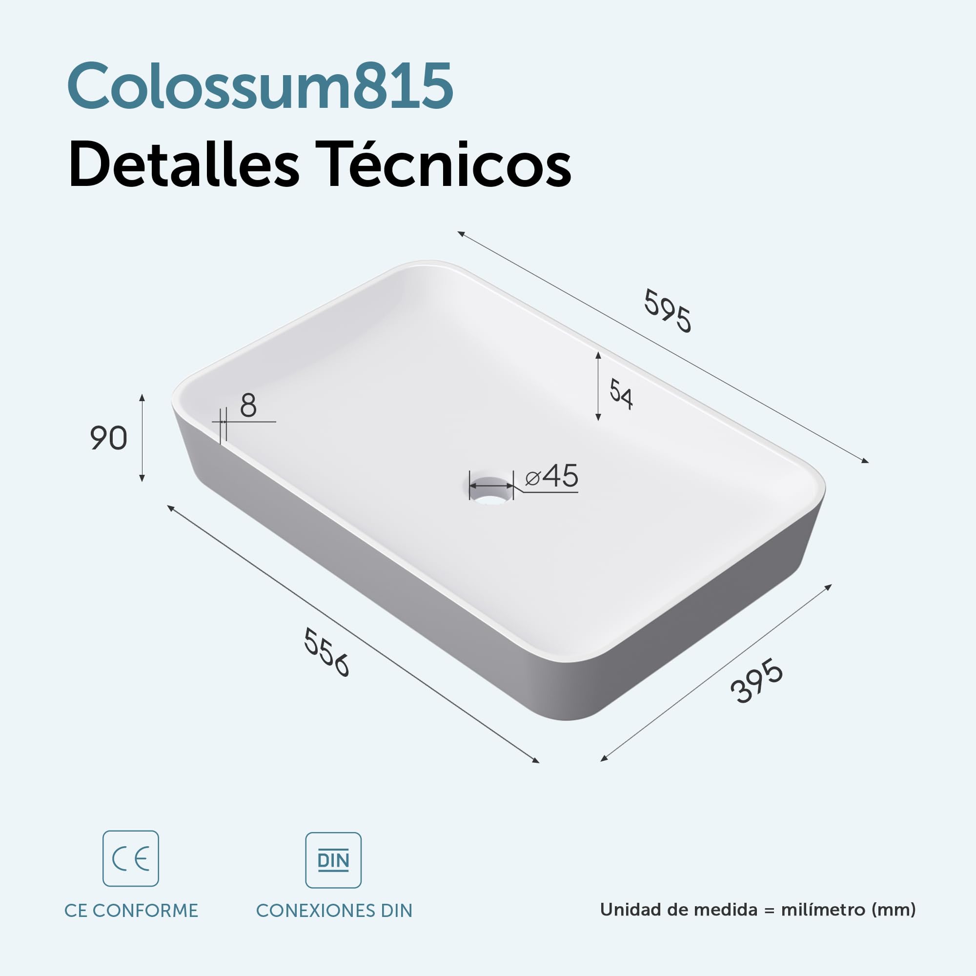 doporro Lavabo Sobre Encimera Rectangular 60x40x9 cm, Mármol Fundido Blanco Mate con Recubrimiento Nano, Conexión Estándar DIN, Colossum815