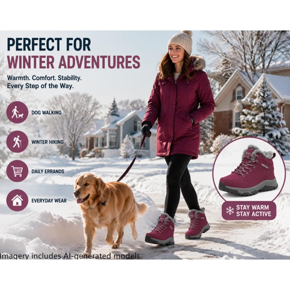 UIKGITP Botas deportivas de invierno impermeables para mujer, botas de nieve con forro de piel, botas de tobillo cálidas sin cordones, elegantes y mullidas para senderismo para mujer