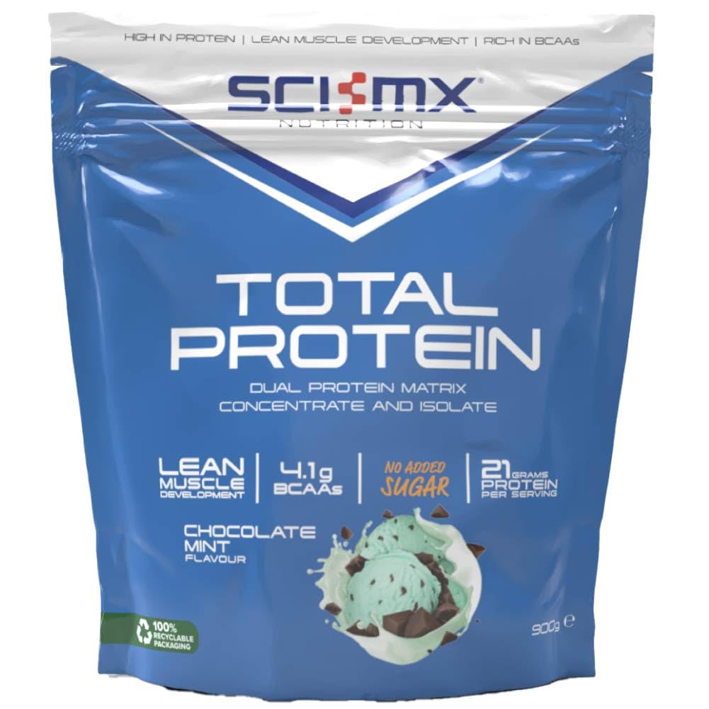 SCI-MX Total Protein - Concentrate & Isolate Protein Powder - Lean Muscle Development - Chocolate Mint • No Added Sugar • 4.2g BCAAs + 21g Protein per Serving • 900g