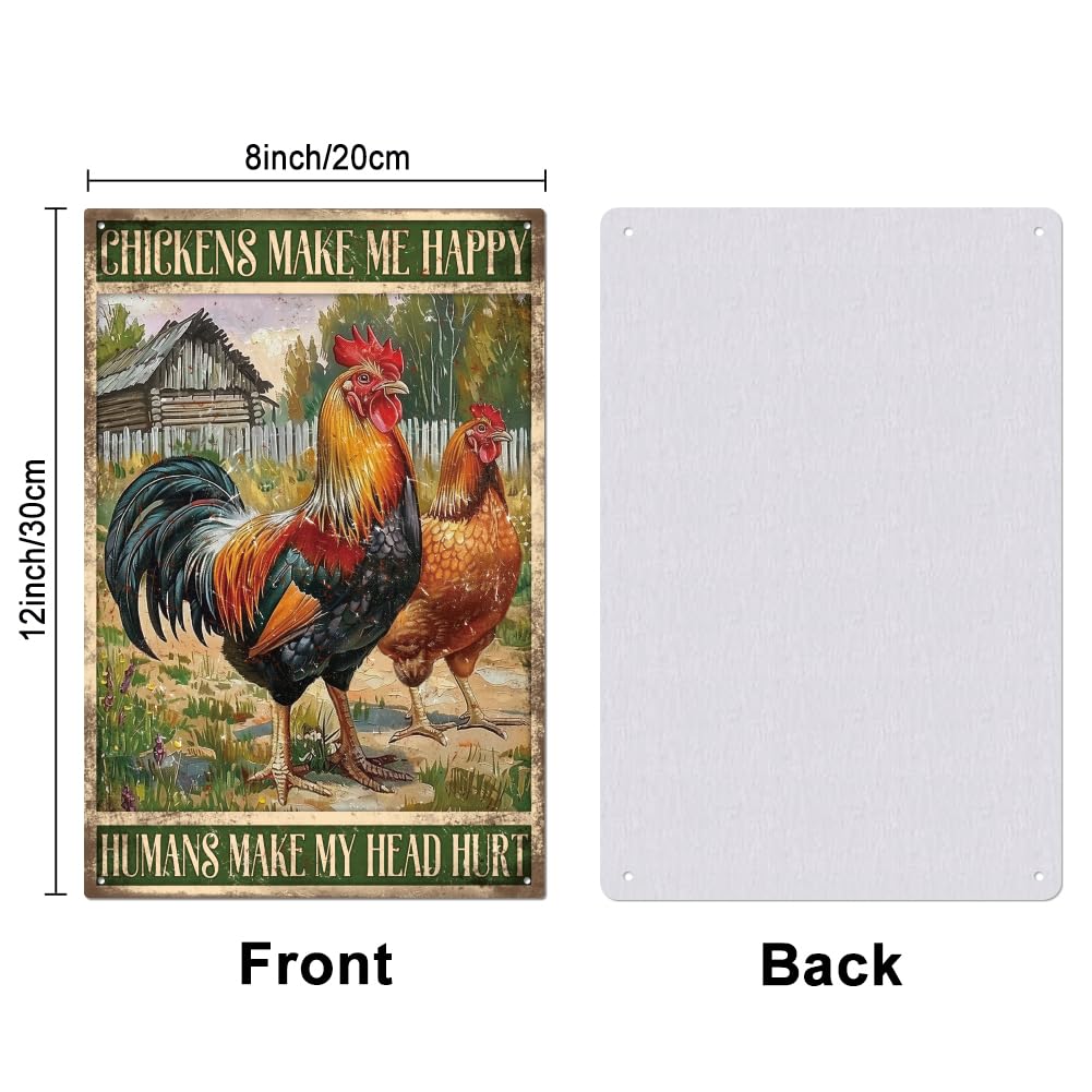 GLOBLELAND "Chickens Make Me Happy Humans Make My Head Hurt" Funny Chicken Metal Tin Sign 12x8in/30x20cm Rooster and Hen Art Plaque Poster Wall Decor for Outdoor Yard Garden Chicken Coop Shed - Image 2