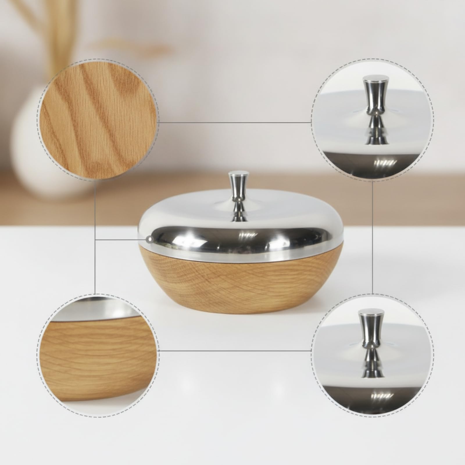 Snackschale mit Deckel Rund Servierschale mit Deckel Modern Aufbewahrungsdose Holzoptik für Wohnzimmer, Kaffeeecke, 16×16×17cm