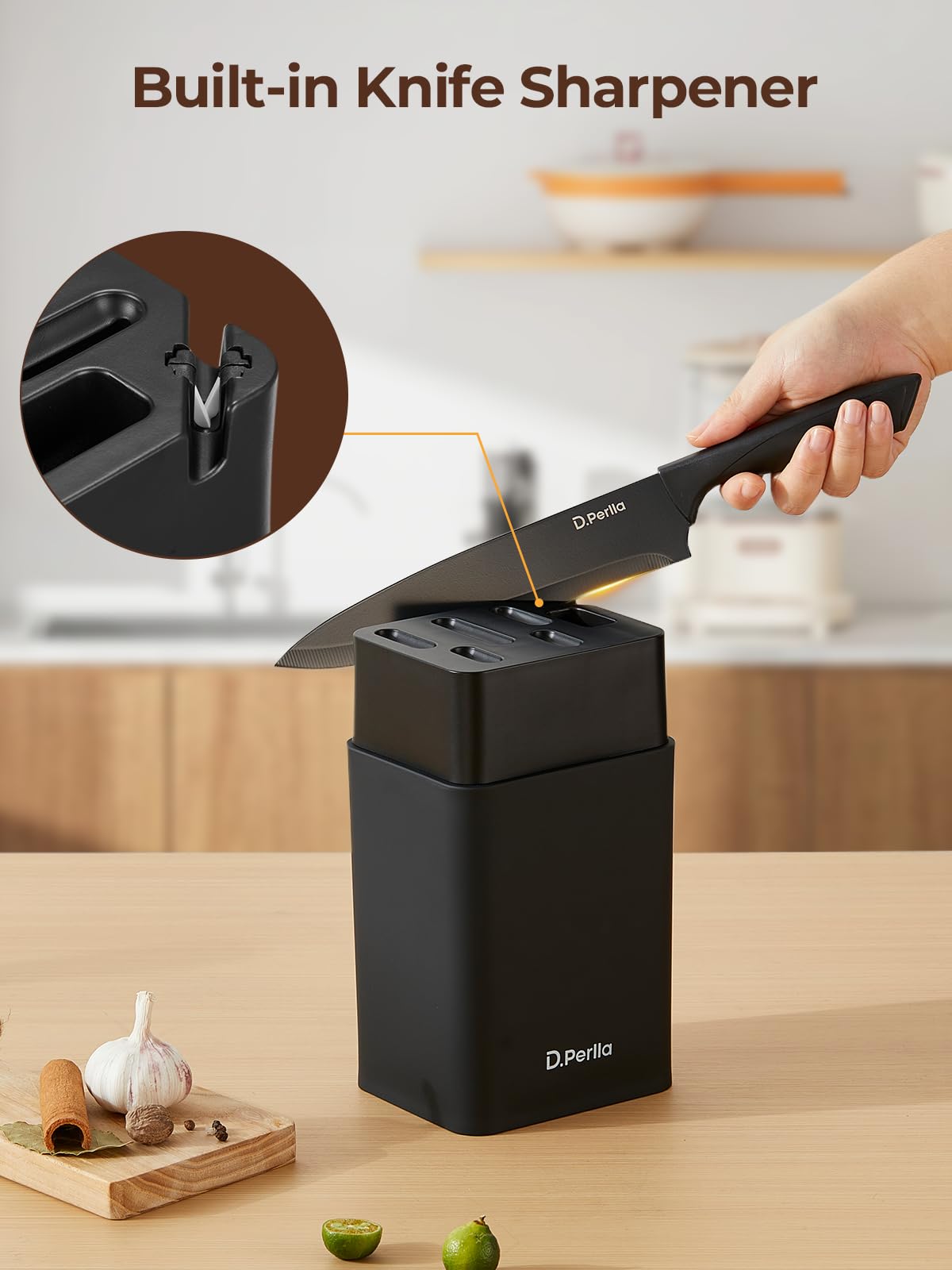 D.Perlla Juego de Cuchillos de Cocina 7 Piezas, Acero Inoxidable, Bloque con Afilador Integrado