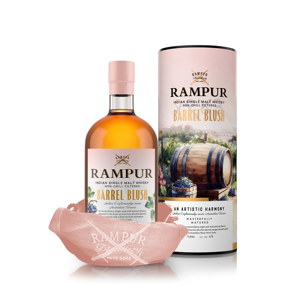 Rampur Barrel Blush Indian Single Malt Whisky – in Bourbonfässern gereift & in Shiraz-Weinfässern veredelt – 45% Vol. – 0,7 l