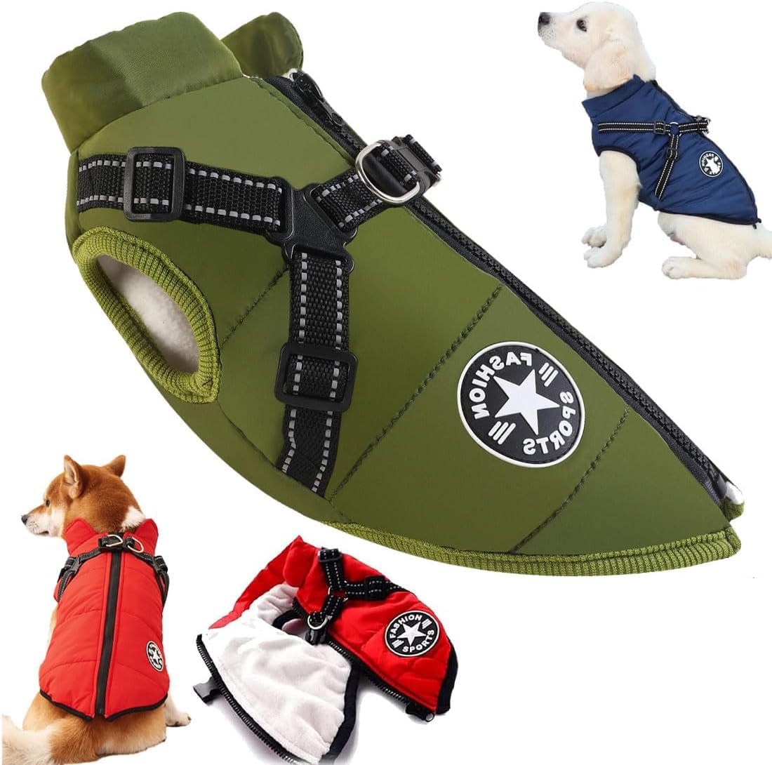 New Furry King Dog Winter Coat, Furryking Winter Jacket for Dogs, Waterproof Windproof Dog Snow Jacket with Harness and Zipper, for Small Medium Large Dogs(Size:Medium,Color:green)