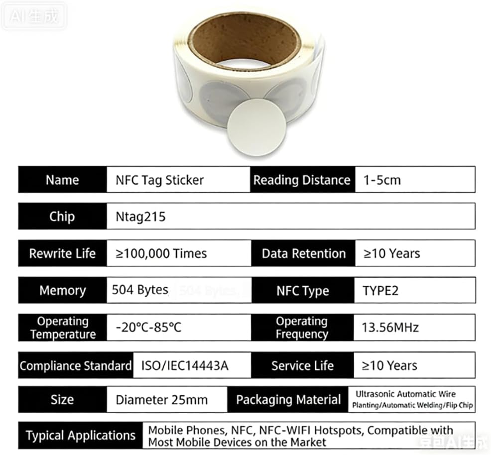 NFC tag Sticker with NTAG215 chip White Sticker can rewrite 504 Bytes of Memory,Suitable for All NFC Supported Devices and Smartphones (30)