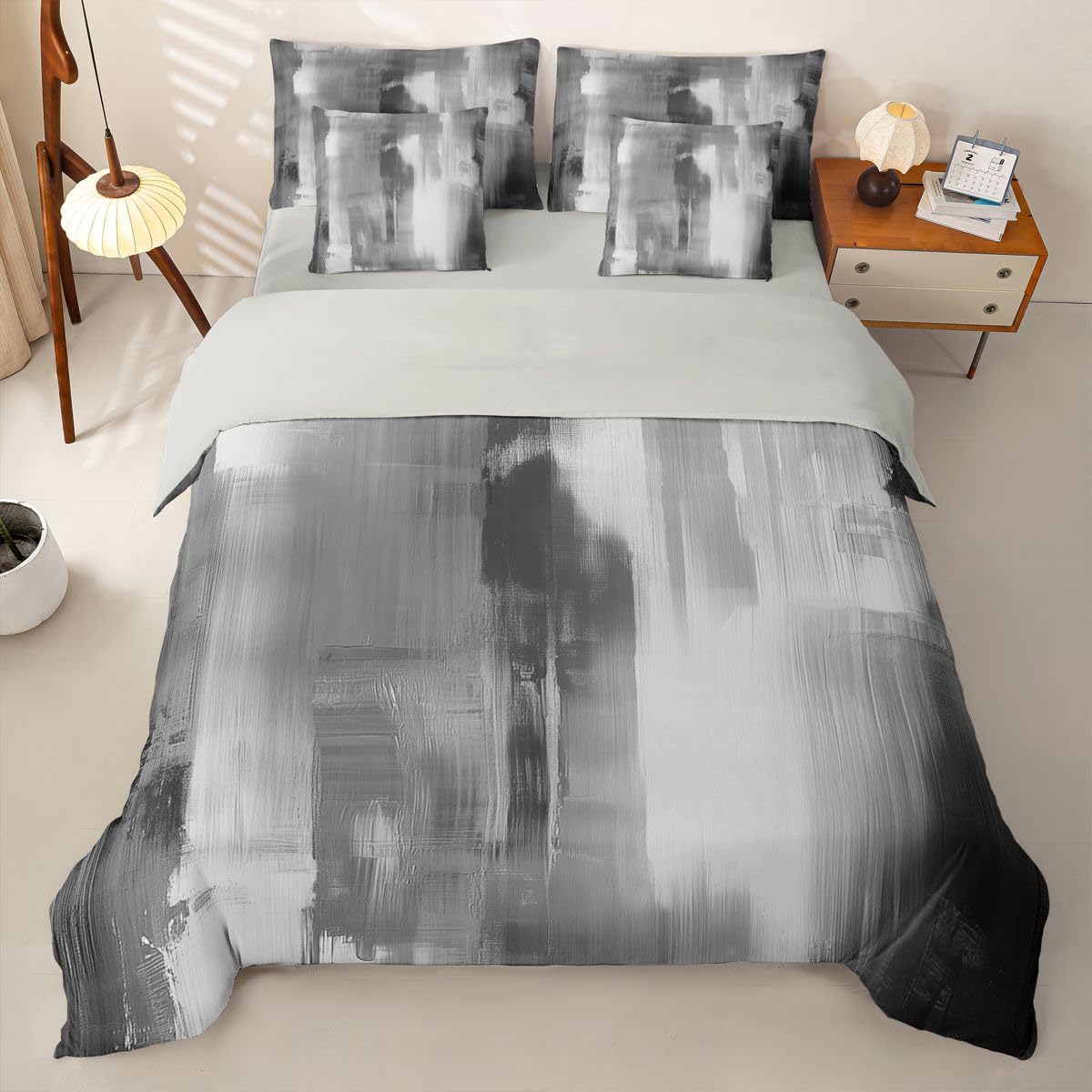 Loussiesd Set di biancheria da letto grigio e bianco con lenzuola, 7 pezzi, per letto singolo, motivo astratto, per bambini, ragazzi, ragazze, grigio e bianco, decorazione per camera da letto
