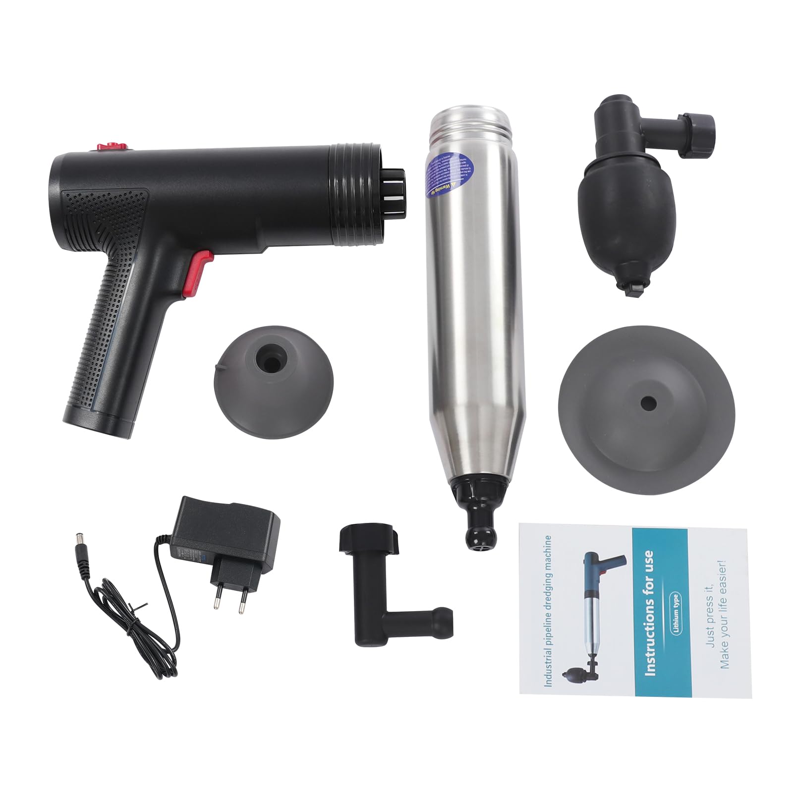 Limpiador de tuberías de aire comprimido 1500 mAh para inodoro, con 4 accesorios (negro) | Con manómetro, presión de 1 – 6 kgf/cm², mango ergonómico para desagüe de inodoro, incluye cargador