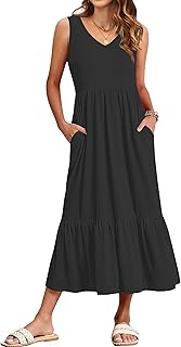WNEEDU Women’s Summer Maxi Dresses V Neck Sundress Sleeveless Long Dress with Pockets