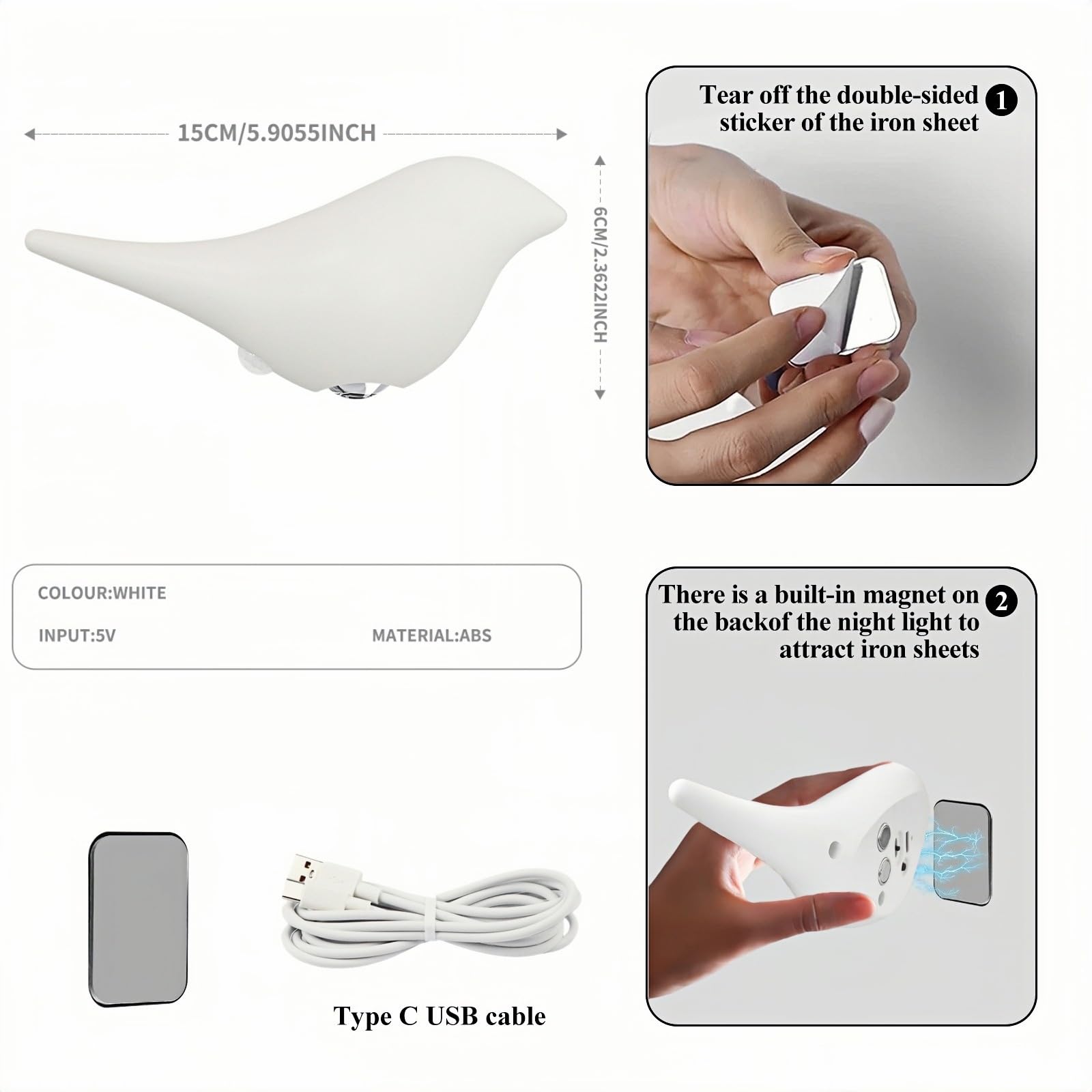 2 Pezzi Lampada da Parete a LED per Interni con Uccello, Luce Senza connessione di Alimentazione con rilevatore di Movimento, Batteria da 1200 mAh, Treppe Ricaricabile Tramite USB,