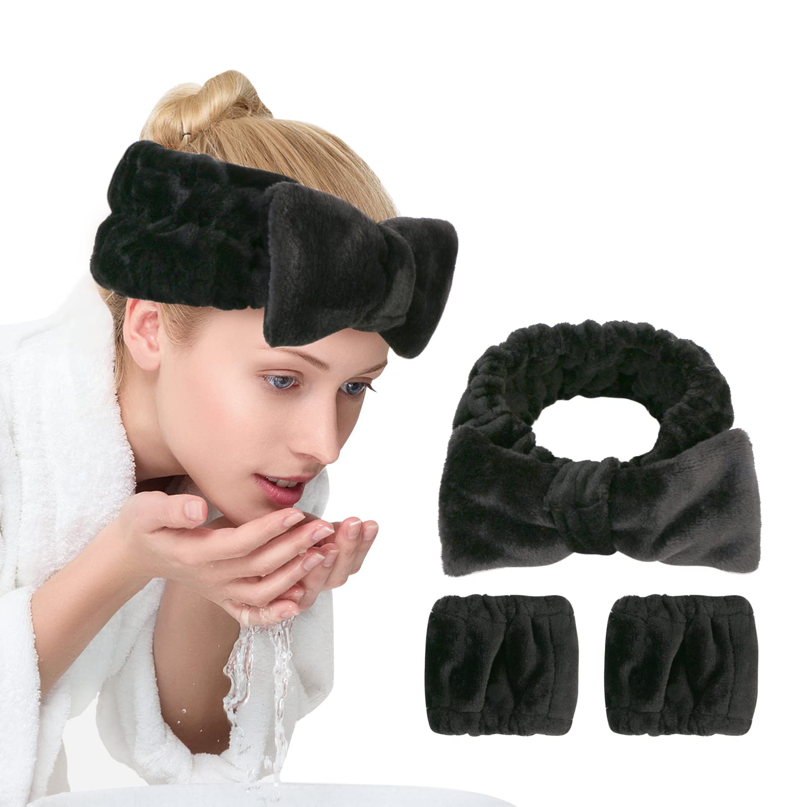 UNIMEIX 3 Pack Spa Headband and Wrist Washband Face Wash Set,Reusable Soft Makeup Headband Fleece Skincare Headbands for Washing Face Shower (Loose Black)