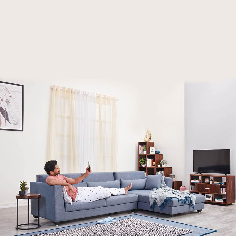 Wakefit 3 Seater Sofa Set | 3 Year Warranty | Mid-Century Modern, Blue, Polyester Upholstery, Wooden Frame, Right Hand Facing, Living Room