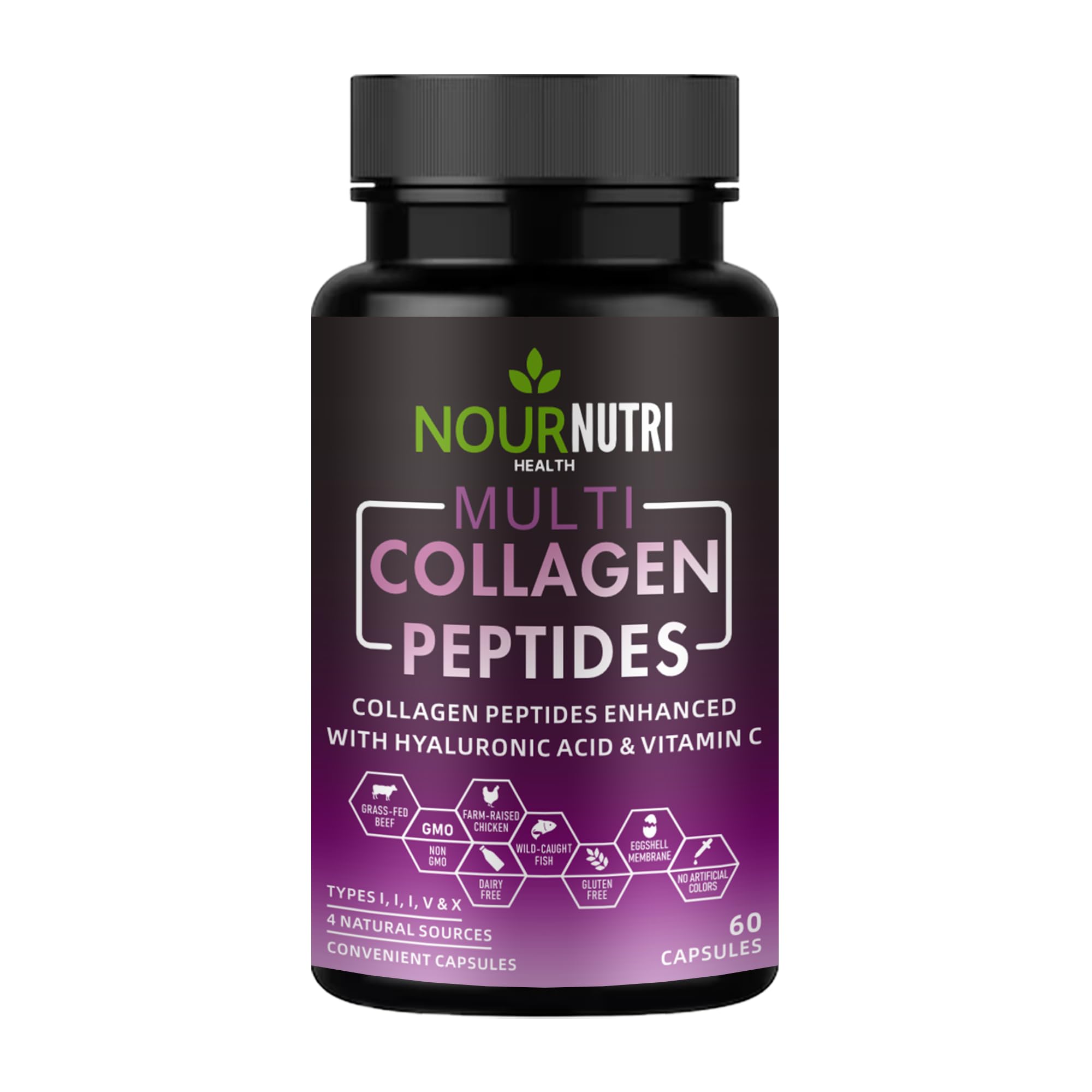 Multi Collagen Peptides Capsules 4 Natural Sources Types I II III V X 60 Capsules