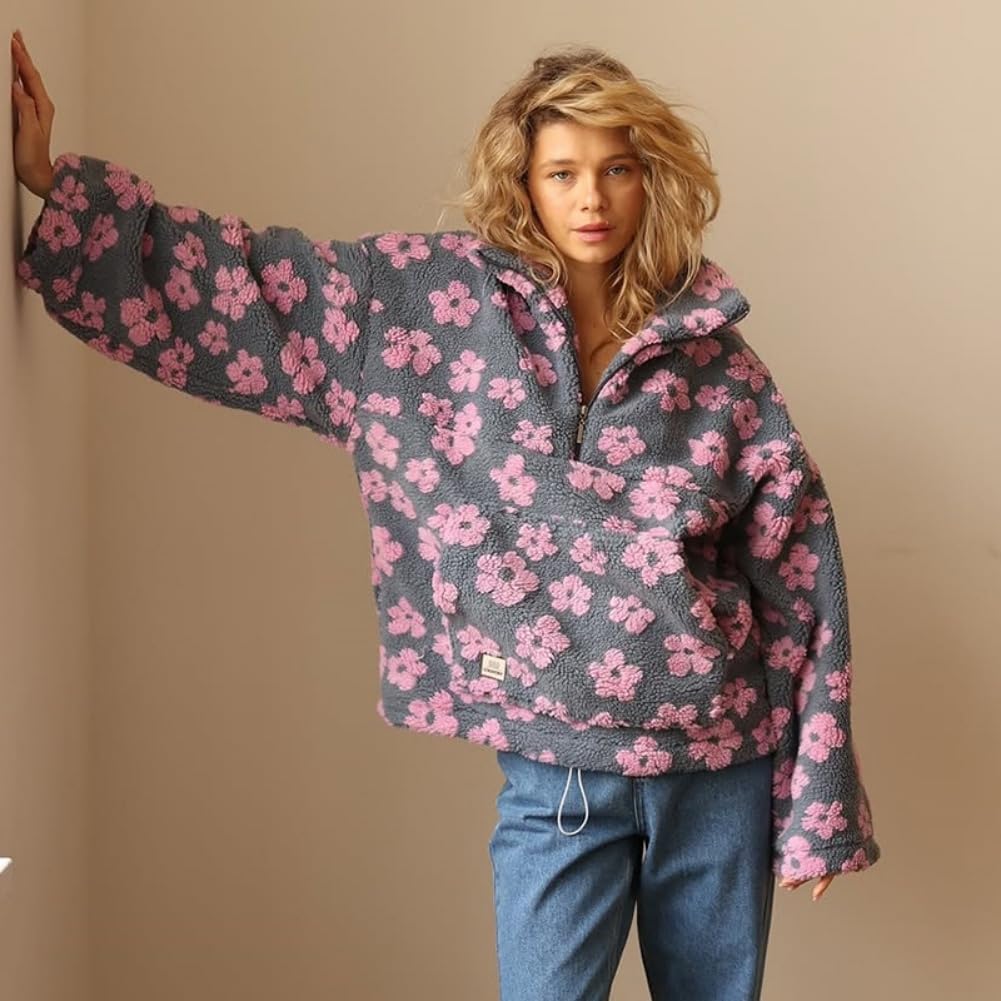 Damskie jesienne bluzy polarowe uroczy kwiatowy nadruk półzamek błyskawiczny sweter z długim rękawem Y2k Sherpa płaszcz z kieszenią
