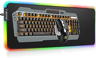 MAMBASNAKE 3 in 1 Wireless 2.4G Rechargeable Gaming Keyboard Mouse Set 3800mAh Orange LED Backlit Gaming Keyboard +2400DPI 7 Colors Breathing Light Silent Mouse+Oversized RGB Gaming Mouse Pad（Black）