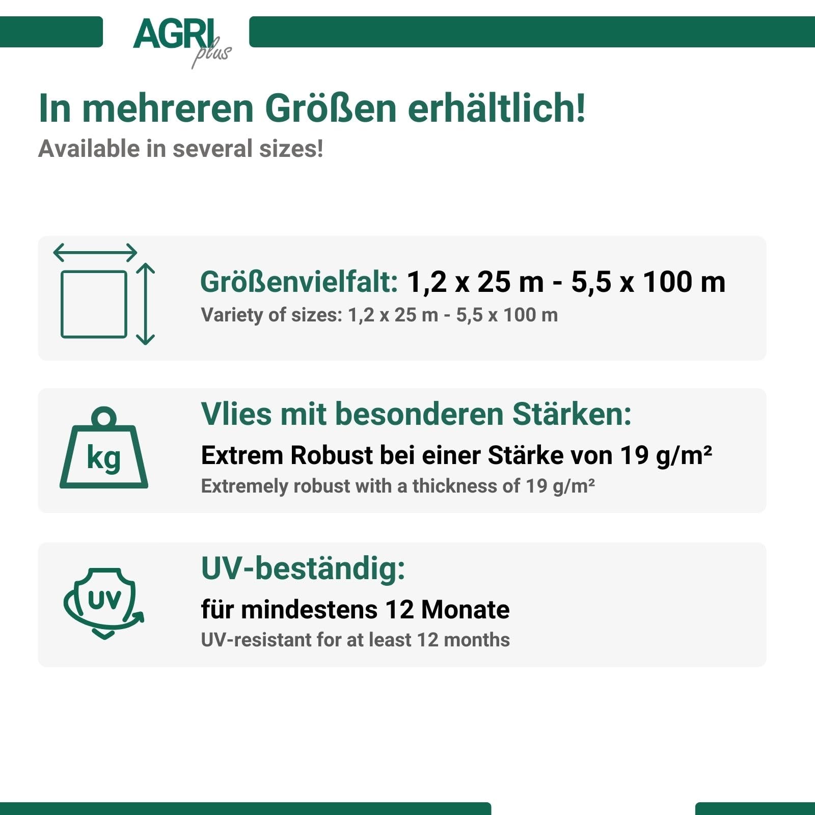 AGRI plus Gartenvlies auf Rolle I 2,4 x 100 m I Verschiedene Maße I Reißfestes 19 g/m² Abdeckvlies für den Außenbereich I Frostschutz für Pflanzen I Vlies wasserdurchlässig & UV-beständig
