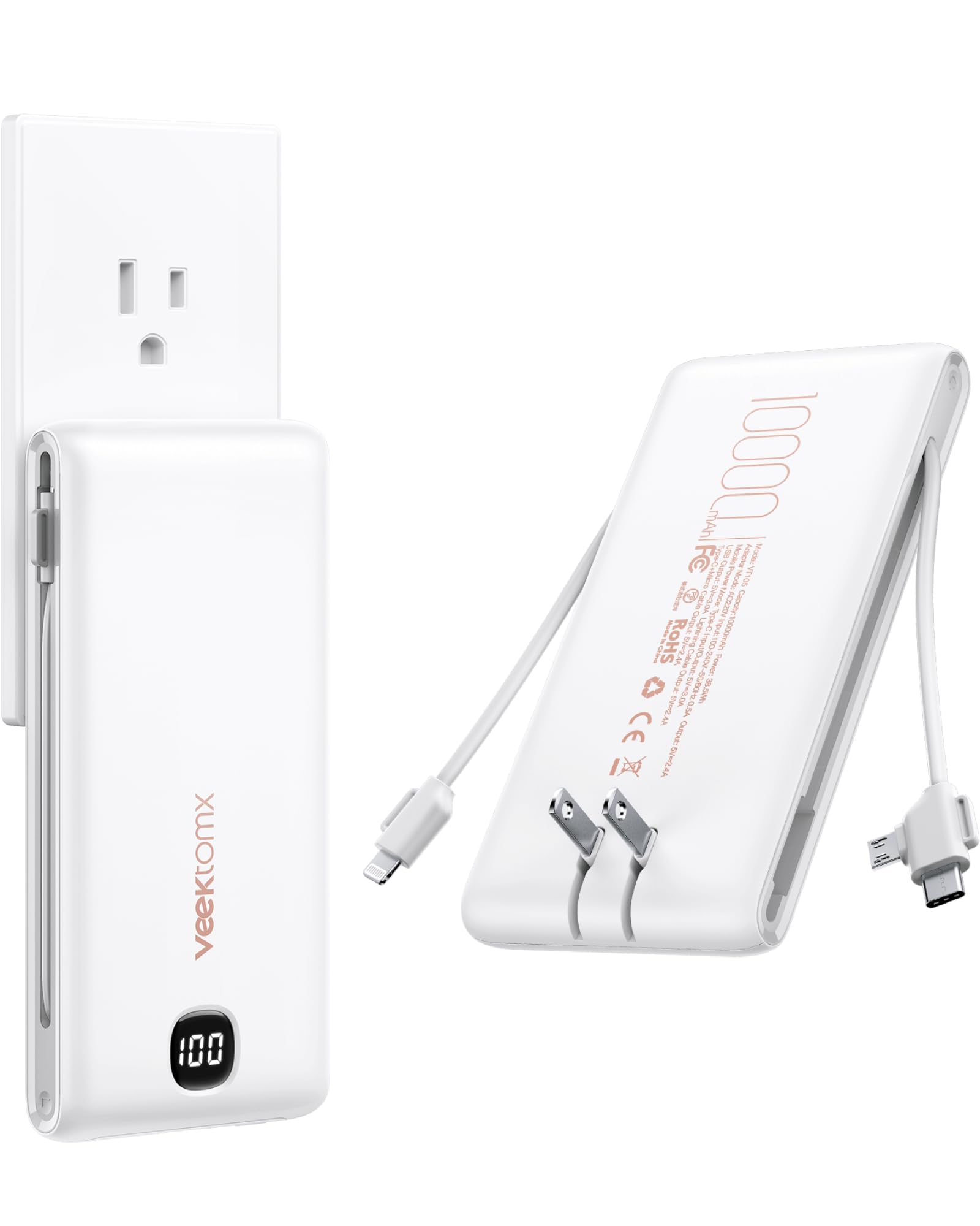 VEEKTOMX Portable Charger with Built in Cables 10000mAh, Power Bank for iPhone with Wall Plug, Travel Essential Fast Charging USB C Slim External Battery Pack for iPhone16/15/14, Samsung, iPad, etc