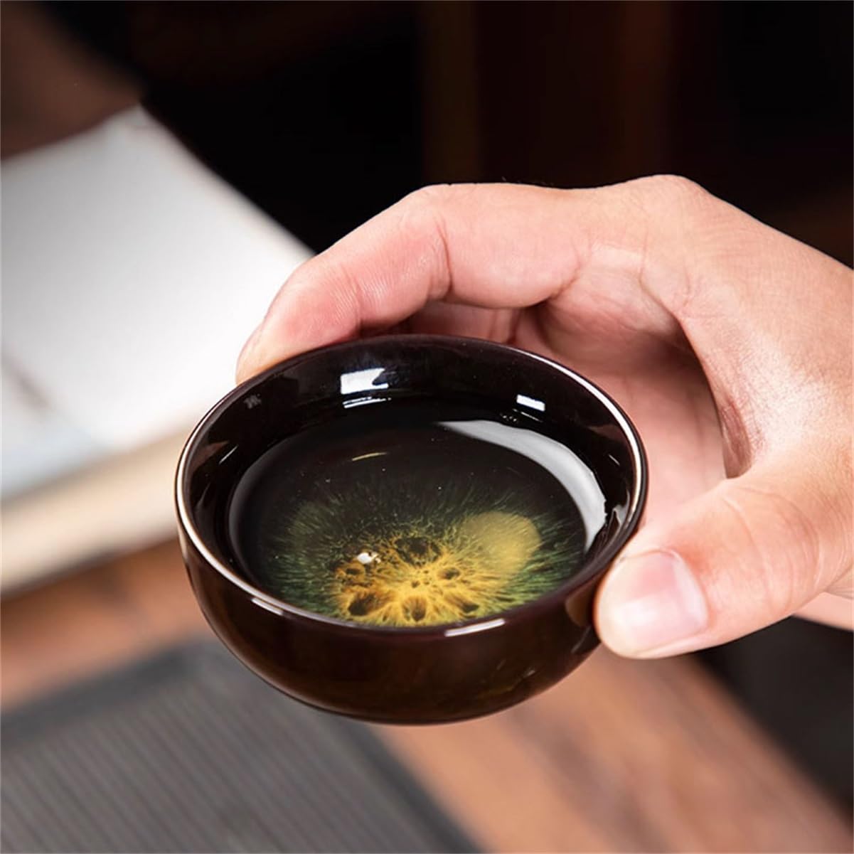 Keramik Teetasse Jianzhan 50 ml Tenmoku Handgemacht Teegeschirr Chinesischer Meisterpokal Vielseitig einsetzbar Porzellan Einzigartig Kung Fu Teeschale, 4er-Set(A)