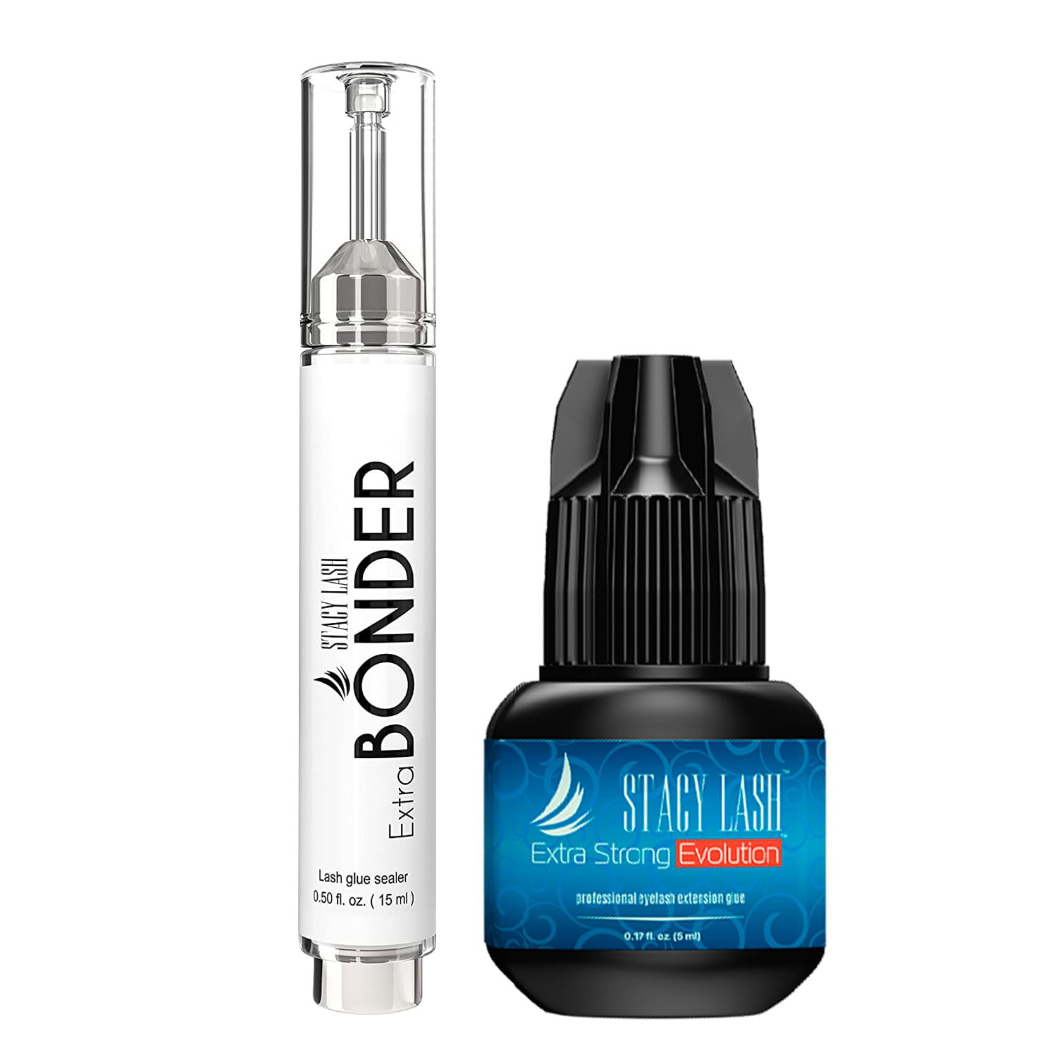 Extra Bonder for Lash Extensions 15ml + Extra Strong Evolution Eyelash Extension Glue 5ml - Stacy Lash/Eyelash Extension Sealer/Reduces Lash Extension Glue Fumes / 1-2 Sec Drying time